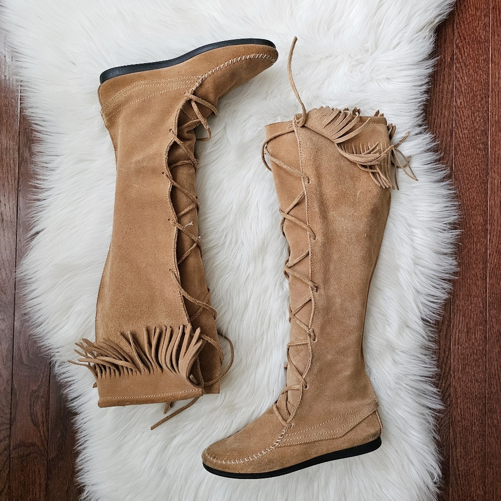 Rare Rampage Fringe Camel Suede Knee-High Boho Moccasin Vintage Boots Size 8.5M
